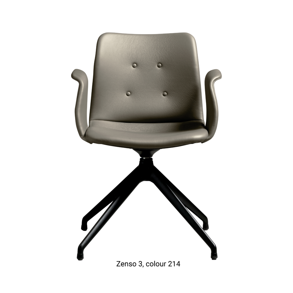 Primum Chair with grey leather upholstery, featuring a padded seat and a flexible backrest for maximum comfort during long dinners or workdays.