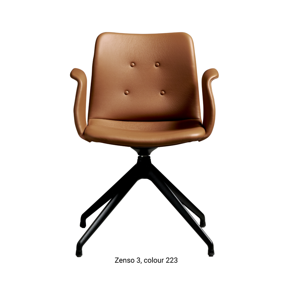 Primum Chair with cognac brown leather upholstery, featuring a padded seat and a flexible backrest for maximum comfort during long dinners or workdays.