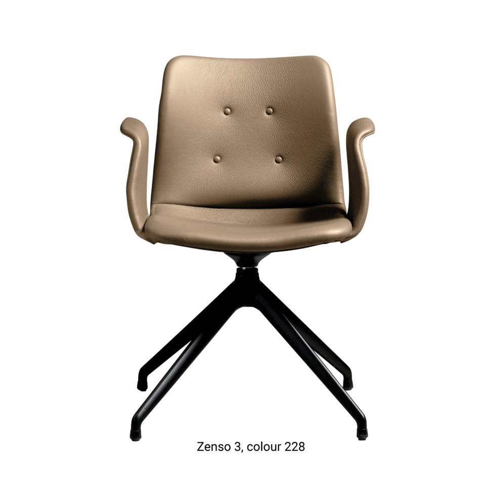 Primum Chair with light brown grey leather upholstery, featuring a padded seat and a flexible backrest for maximum comfort during long dinners or workdays.