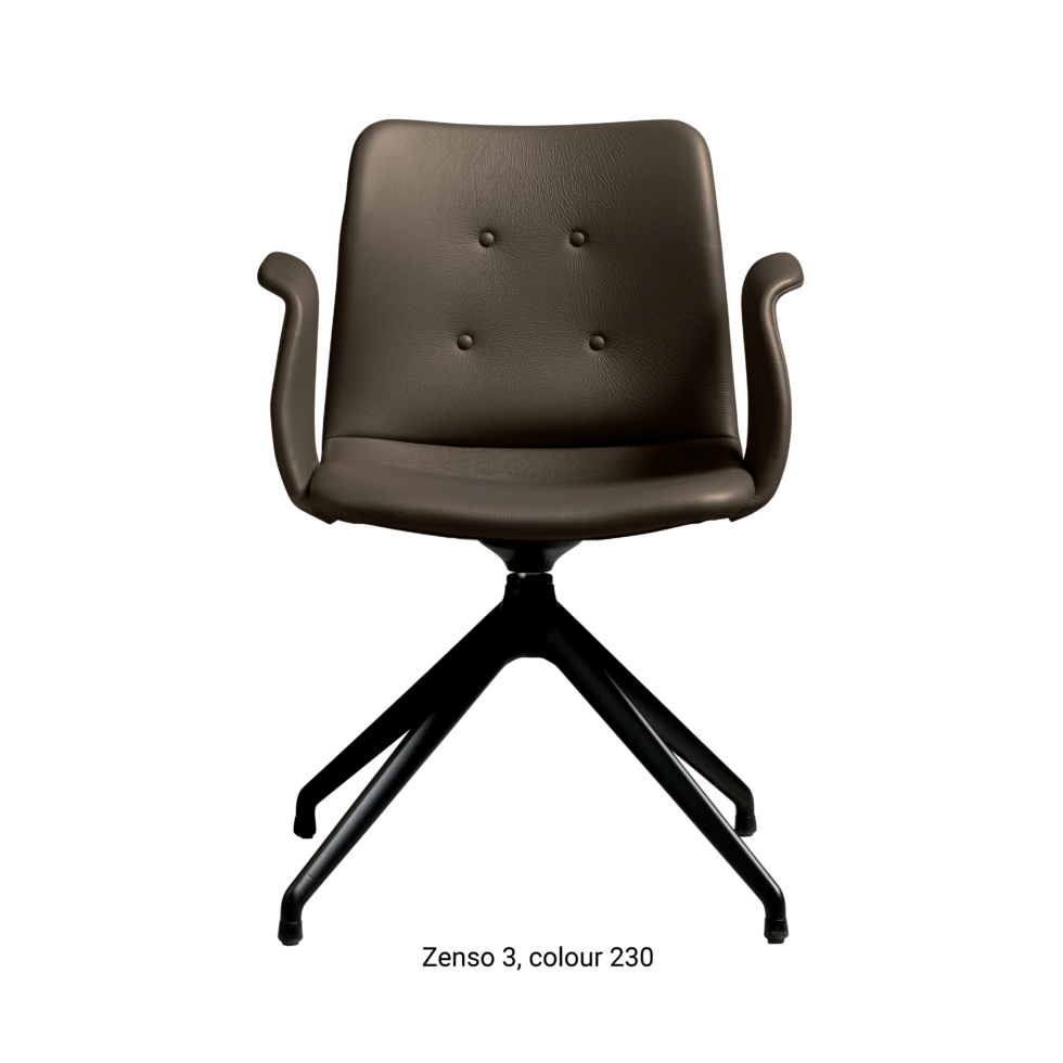 Primum Chair with dark brown leather upholstery, featuring a padded seat and a flexible backrest for maximum comfort during long dinners or workdays.