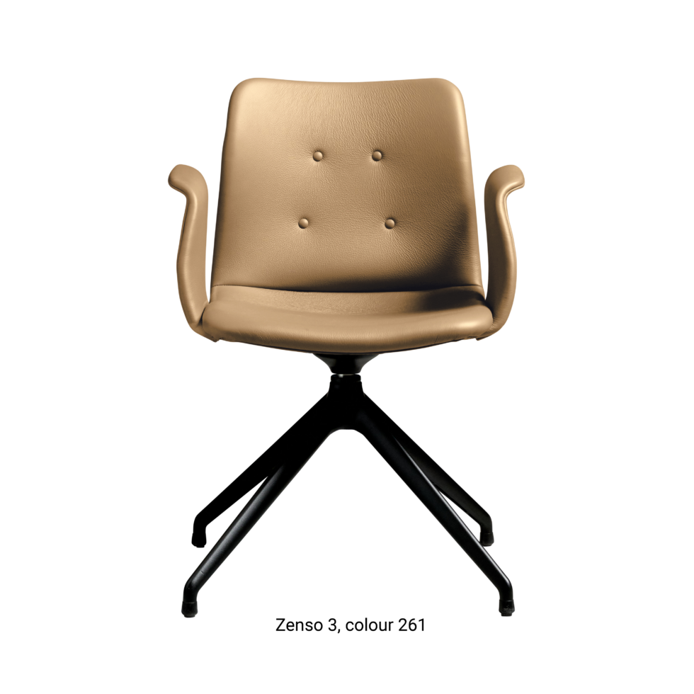 Primum Chair with beige leather upholstery, featuring a padded seat and a flexible backrest for maximum comfort during long dinners or workdays.