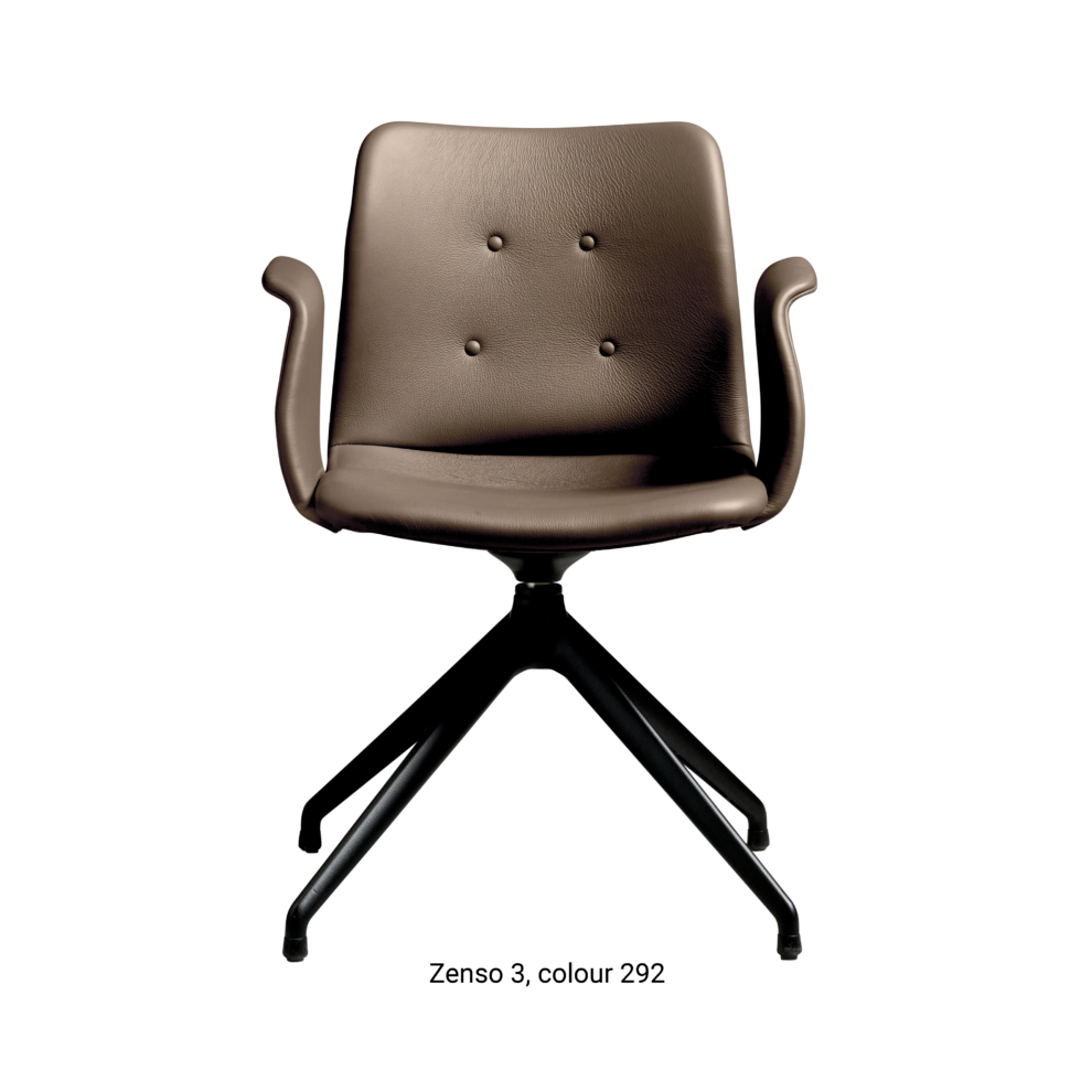 Primum Chair with brown grey leather upholstery, featuring a padded seat and a flexible backrest for maximum comfort during long dinners or workdays.