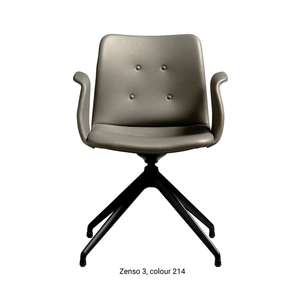 Primum Chair with grey leather upholstery, featuring a padded seat and adjustable backrest for maximum comfort during long workdays.