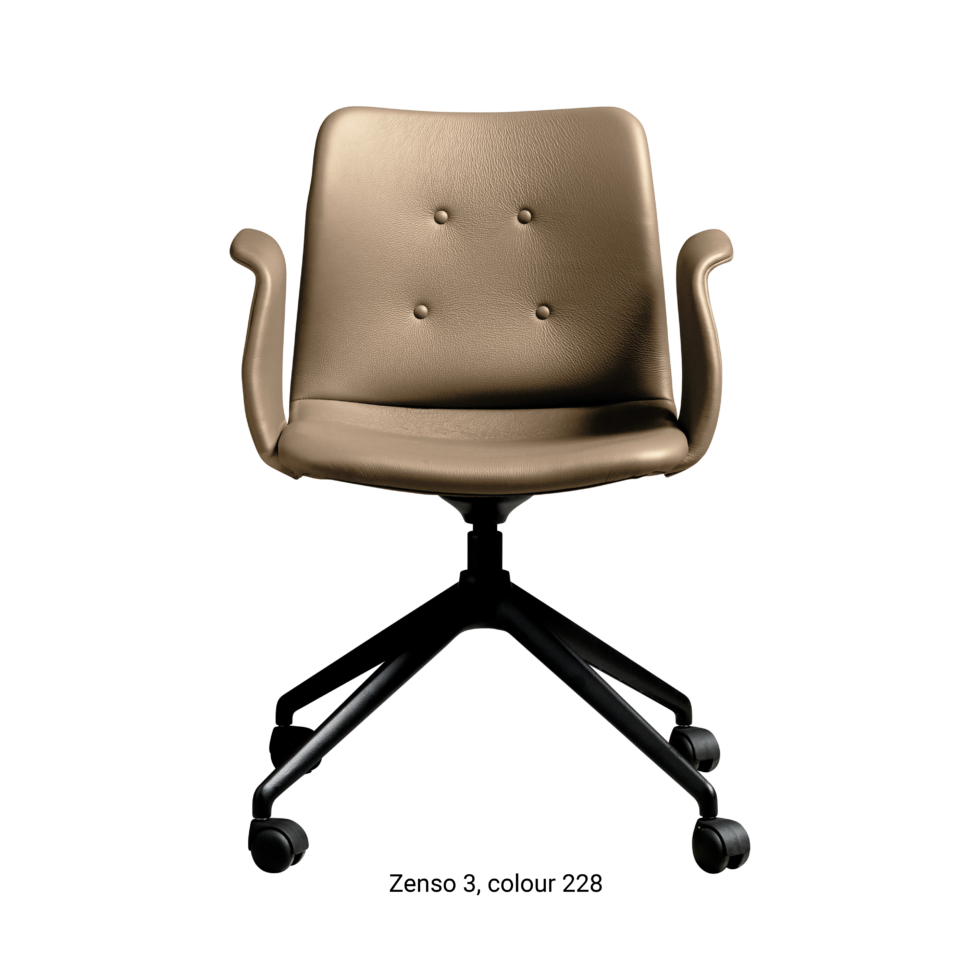 Primum Chair with grey brown leather upholstery, featuring a padded seat and adjustable backrest for maximum comfort during long workdays.