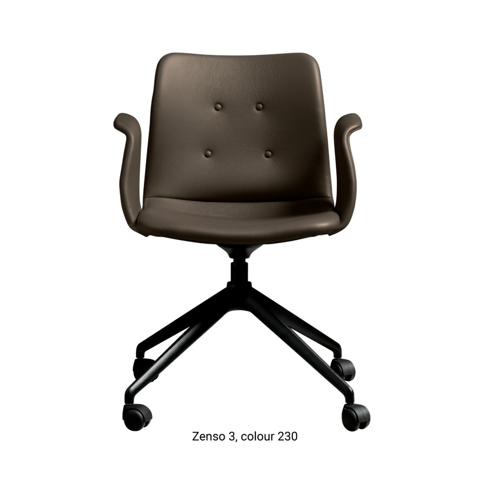 Primum Chair with dark brown leather upholstery, featuring a padded seat and adjustable backrest for maximum comfort during long workdays.