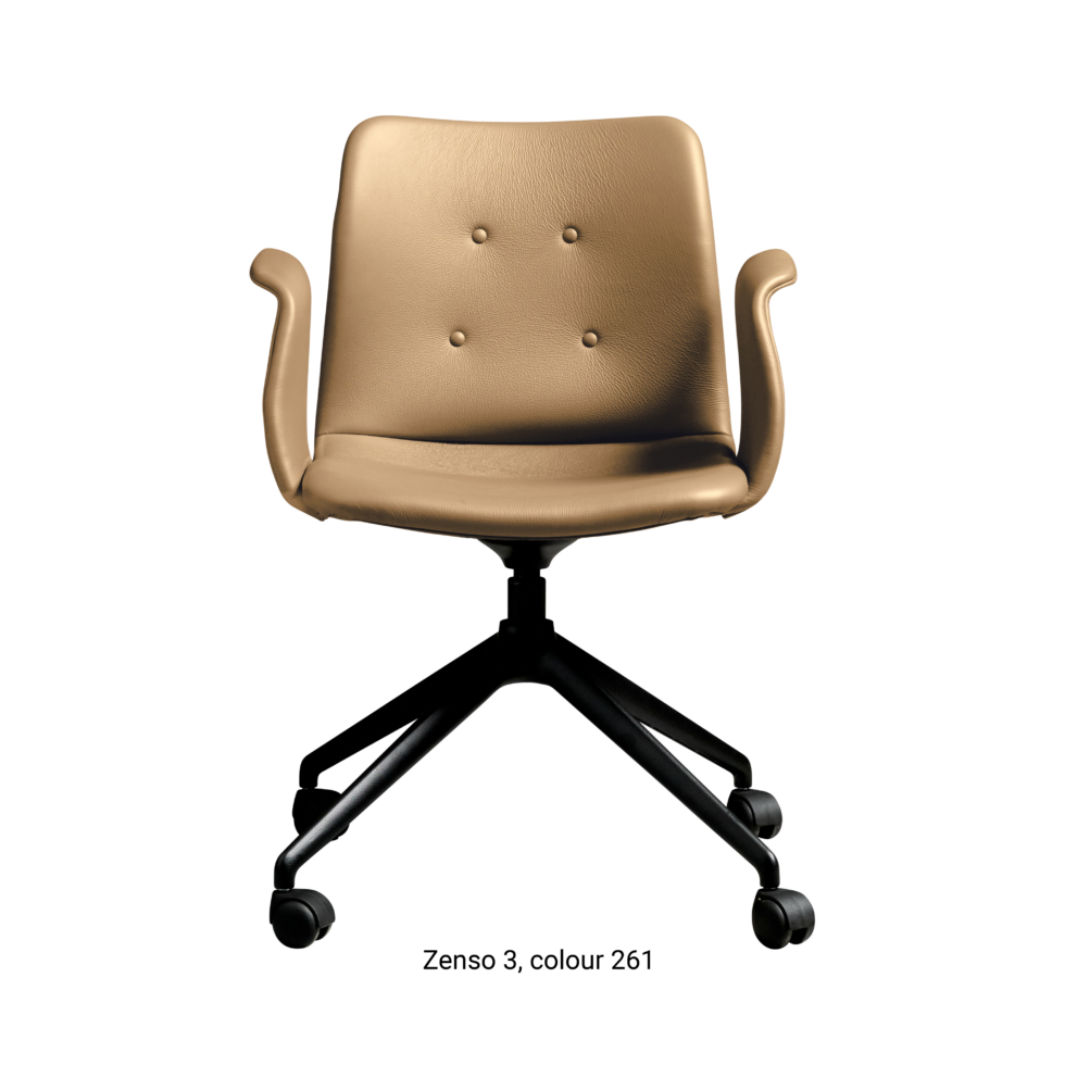 Primum Chair with beige leather upholstery, featuring a padded seat and adjustable backrest for maximum comfort during long workdays.