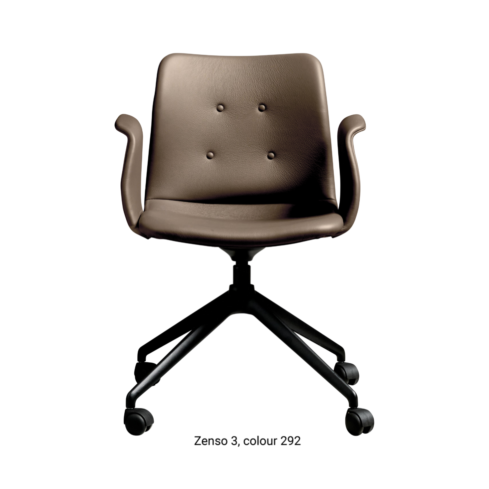 Primum Chair with grey brown leather upholstery, featuring a padded seat and adjustable backrest for maximum comfort during long workdays.