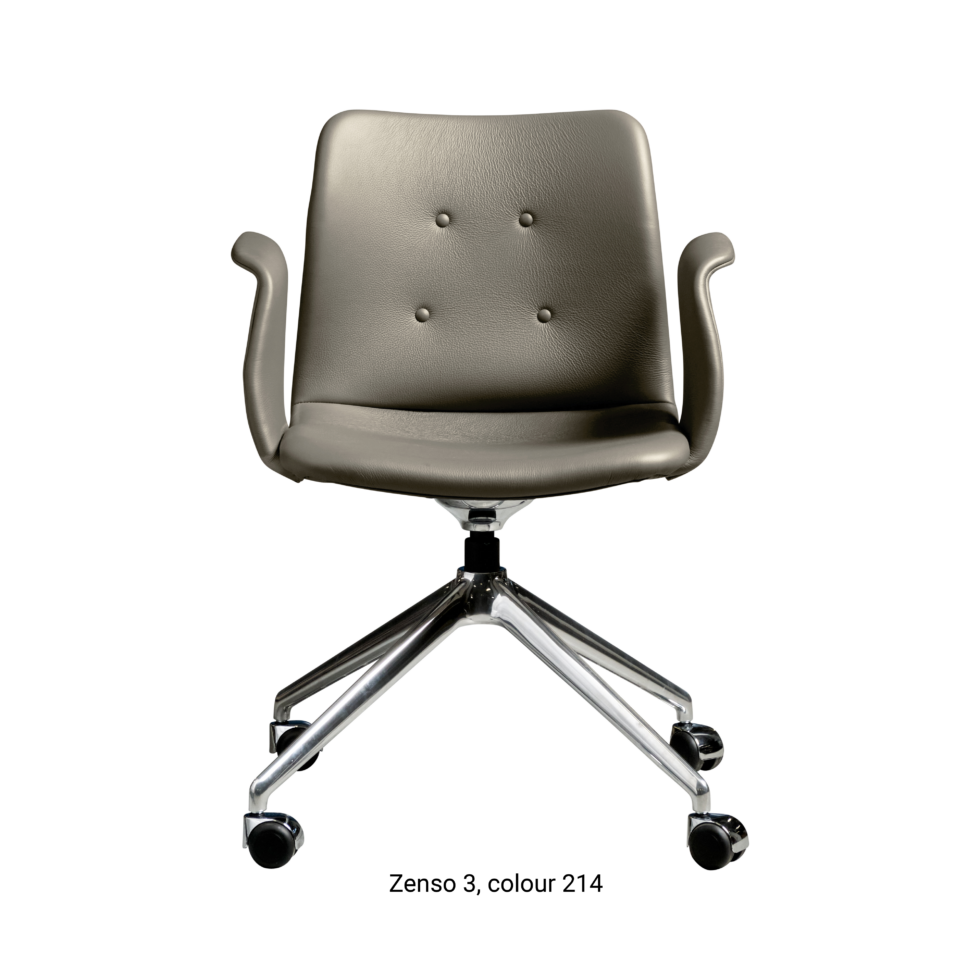 Primum Chair with grey leather upholstery, featuring a padded seat and adjustable backrest for maximum comfort during long workdays.