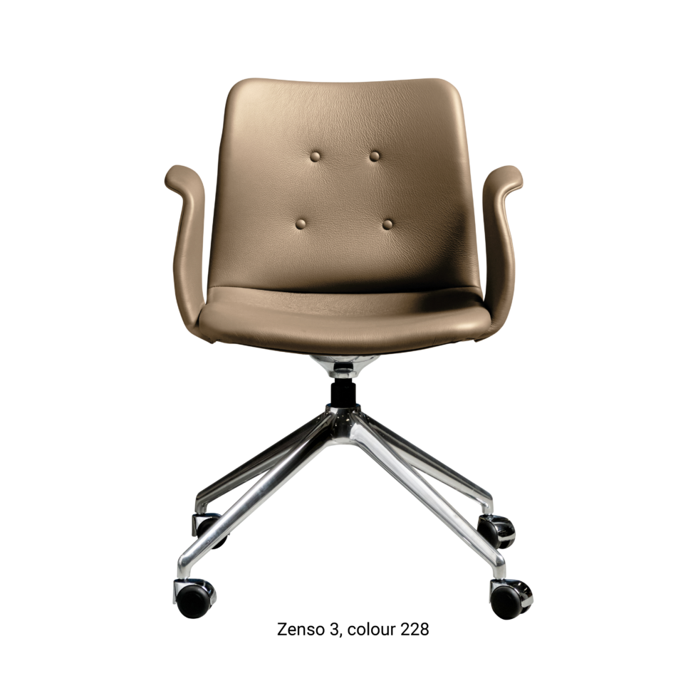 Primum Chair with grey brown leather upholstery, featuring a padded seat and adjustable backrest for maximum comfort during long workdays.