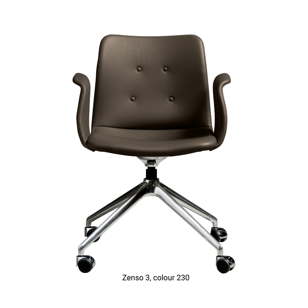Primum Chair with dark brown leather upholstery, featuring a padded seat and adjustable backrest for maximum comfort during long workdays.