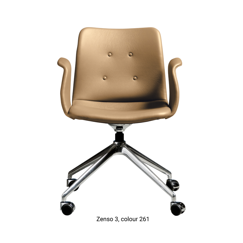 Primum Chair with beige leather upholstery, featuring a padded seat and adjustable backrest for maximum comfort during long workdays.