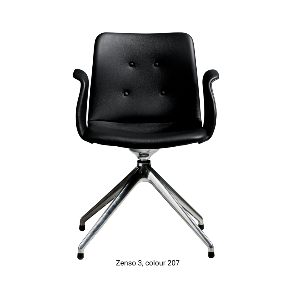 Primum Chair with black leather upholstery, featuring a padded seat and a flexible backrest for maximum comfort during long dinners or workdays.