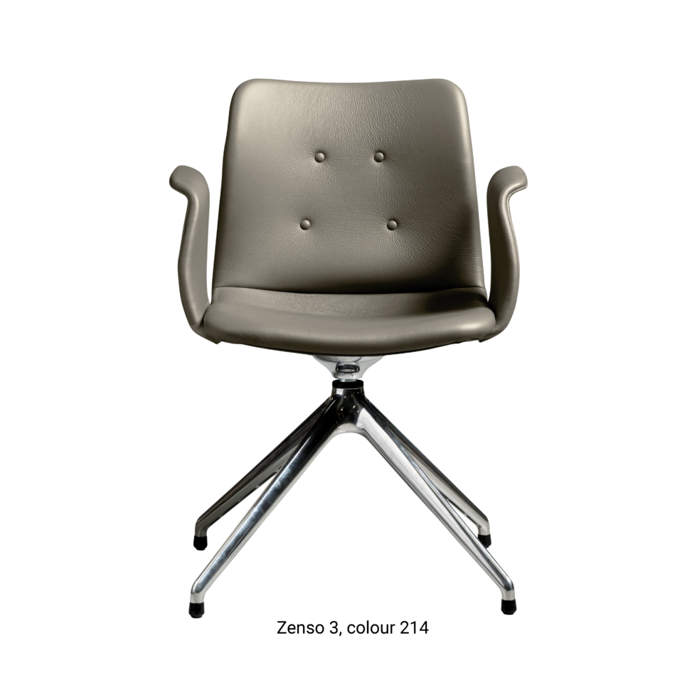 Primum Chair with grey leather upholstery, featuring a padded seat and a flexible backrest for maximum comfort during long dinners or workdays.