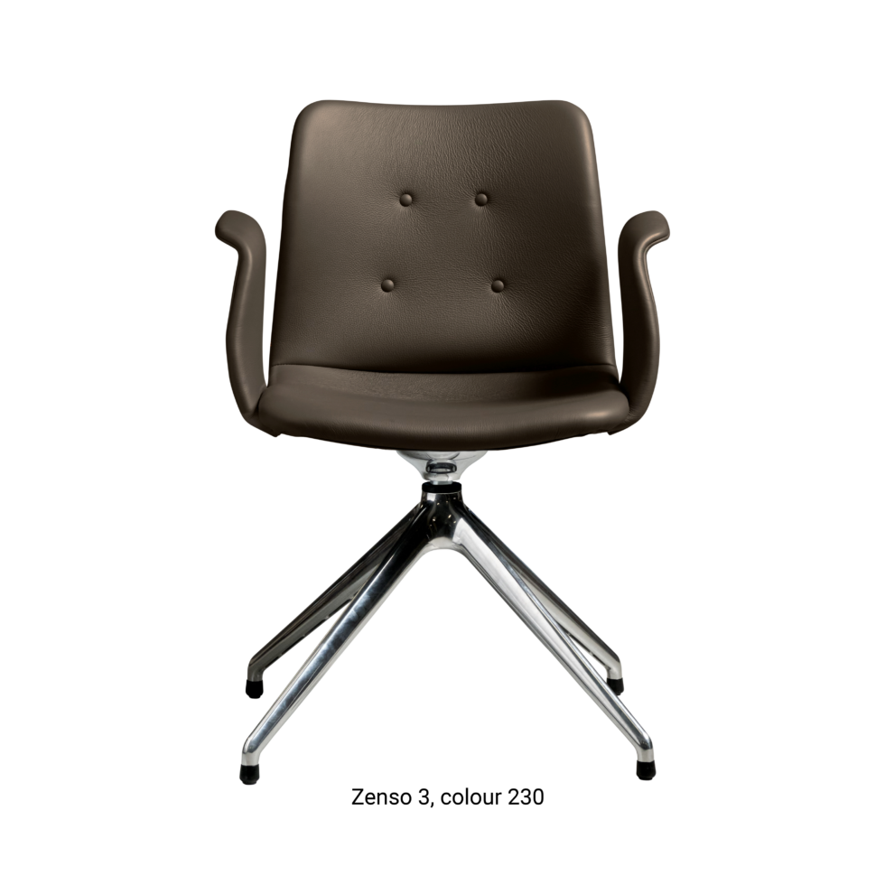 Primum Chair with dark brown leather upholstery, featuring a padded seat and a flexible backrest for maximum comfort during long dinners or workdays.