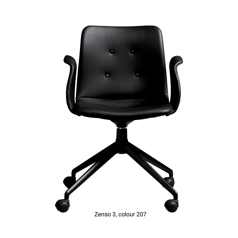 Primum Chair with black leather upholstery, featuring a padded seat and adjustable backrest for maximum comfort during long workdays.