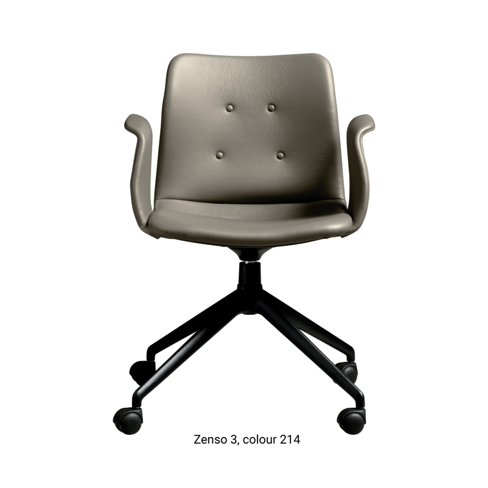 Primum Chair with grey leather upholstery, featuring a padded seat and adjustable backrest for maximum comfort during long workdays.