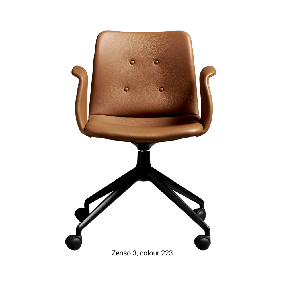 Primum Chair with cognac leather upholstery, featuring a padded seat and adjustable backrest for maximum comfort during long workdays.