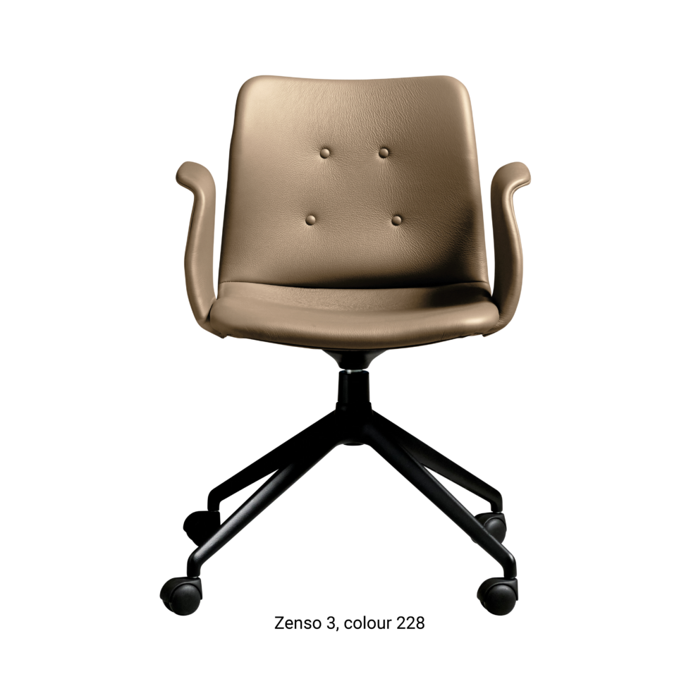 Primum Chair with grey brown leather upholstery, featuring a padded seat and adjustable backrest for maximum comfort during long workdays.