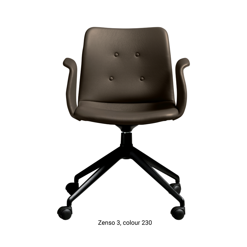 Primum Chair with dark brown leather upholstery, featuring a padded seat and adjustable backrest for maximum comfort during long workdays.