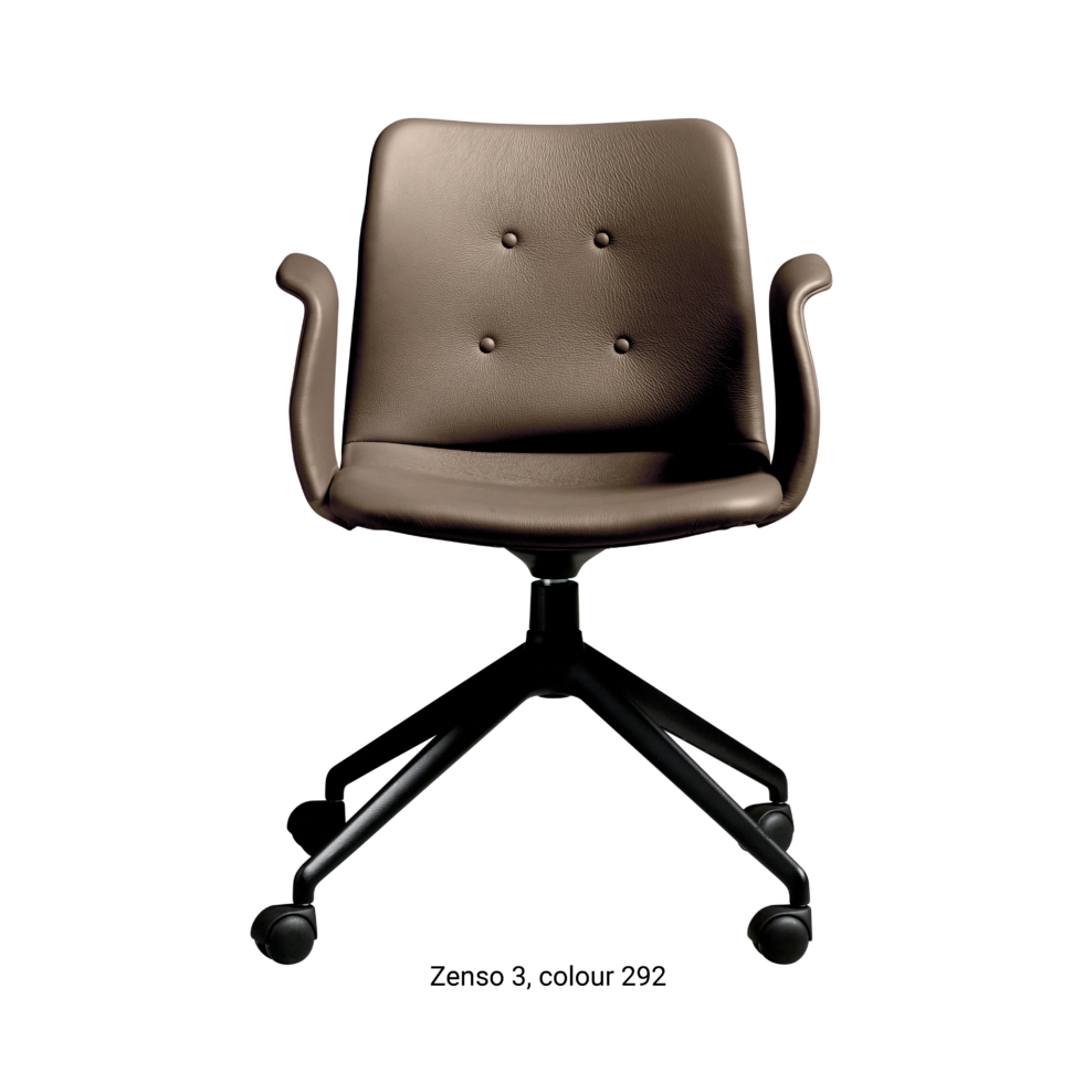 Primum Chair with grey brown leather upholstery, featuring a padded seat and adjustable backrest for maximum comfort during long workdays.