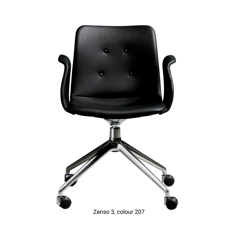 Primum Chair with black leather upholstery, featuring a padded seat and adjustable backrest for maximum comfort during long workdays.