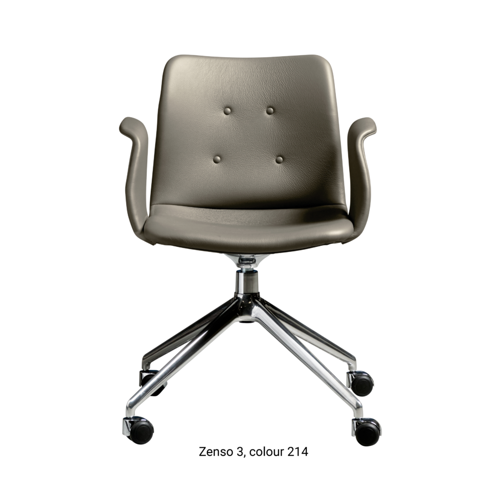 Primum Chair with grey leather upholstery, featuring a padded seat and adjustable backrest for maximum comfort during long workdays.