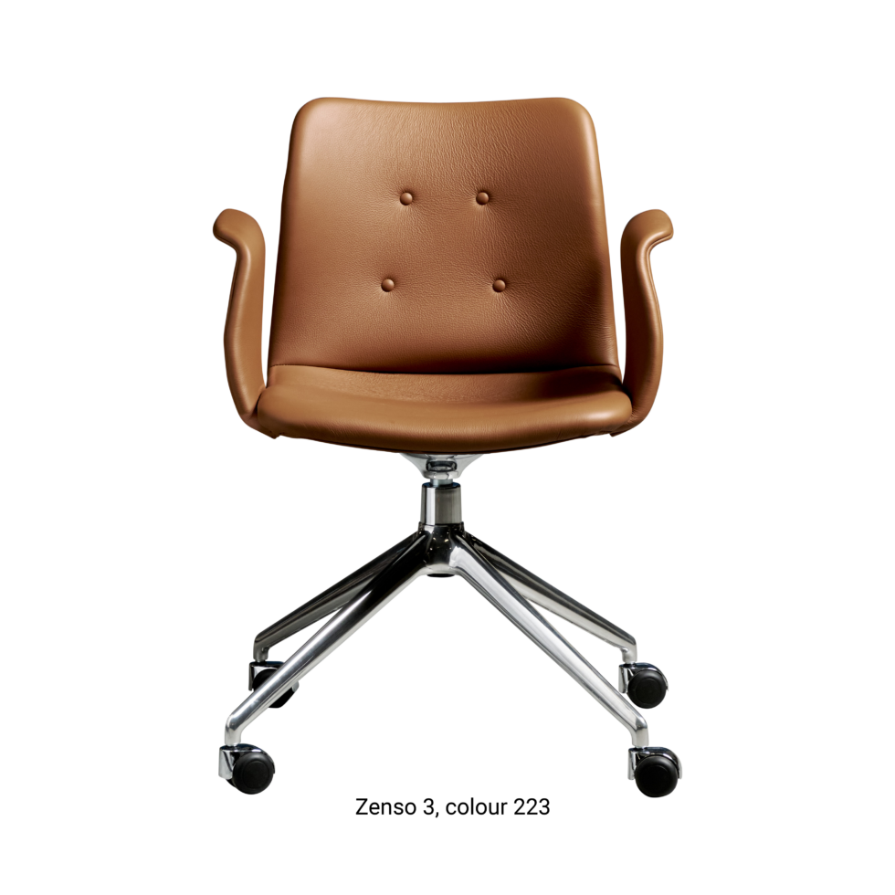 Primum Chair with cognac leather upholstery, featuring a padded seat and adjustable backrest for maximum comfort during long workdays.