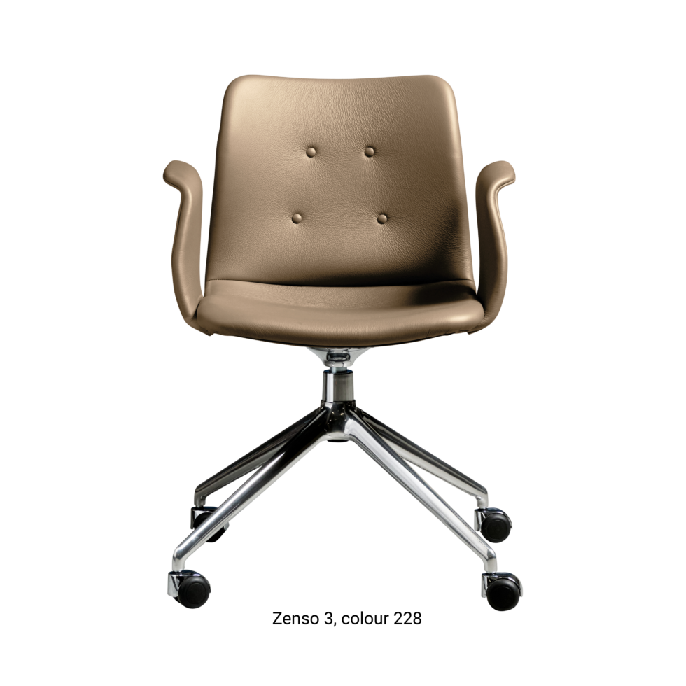 Primum Chair with grey brown leather upholstery, featuring a padded seat and adjustable backrest for maximum comfort during long workdays.