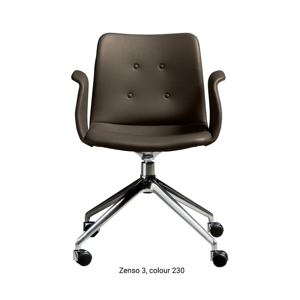 Primum Chair with dark brown leather upholstery, featuring a padded seat and adjustable backrest for maximum comfort during long workdays.