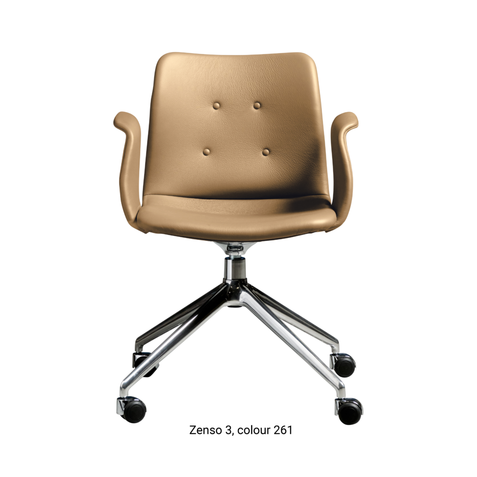Primum Chair with beige leather upholstery, featuring a padded seat and adjustable backrest for maximum comfort during long workdays.