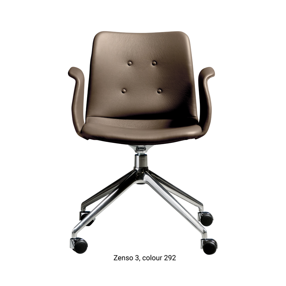 Primum Chair with grey brown leather upholstery, featuring a padded seat and adjustable backrest for maximum comfort during long workdays.