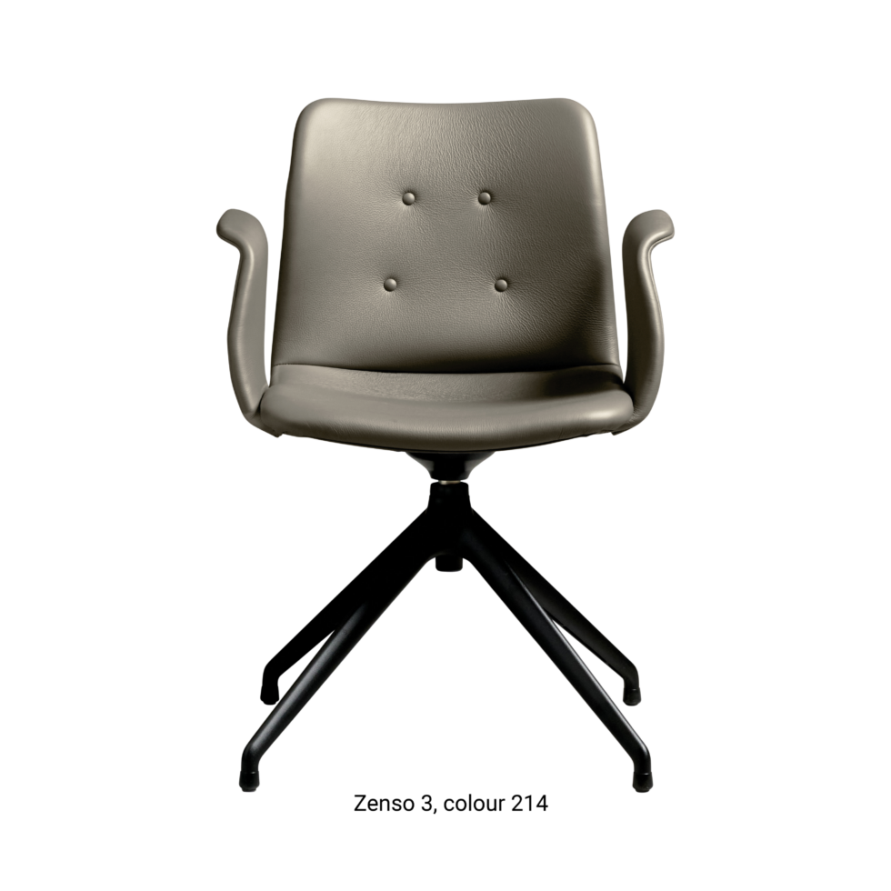 Primum Chair with grey leather upholstery, featuring a padded seat and adjustable backrest for maximum comfort during long workdays.
