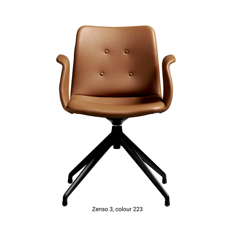 Primum Chair with cognac leather upholstery, featuring a padded seat and adjustable backrest for maximum comfort during long workdays.