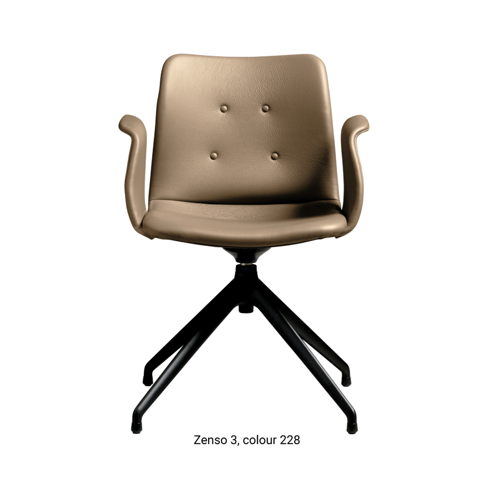 Primum Chair with grey brown leather upholstery, featuring a padded seat and adjustable backrest for maximum comfort during long workdays.