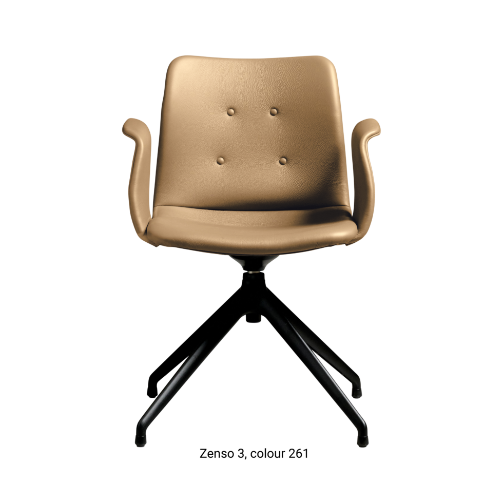 Primum Chair with beige leather upholstery, featuring a padded seat and adjustable backrest for maximum comfort during long workdays.
