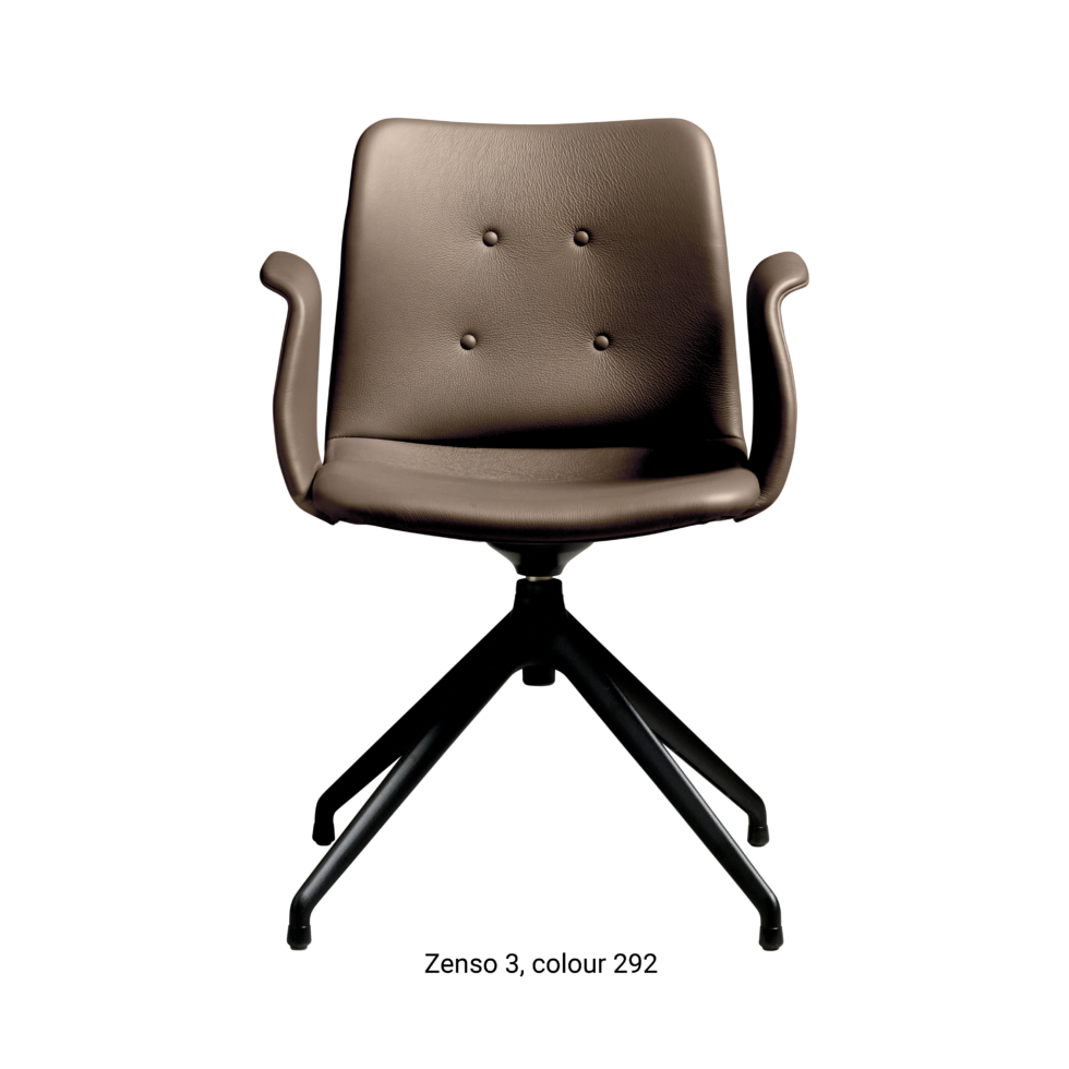 Primum Chair with brown grey leather upholstery, featuring a padded seat and adjustable backrest for maximum comfort during long workdays.