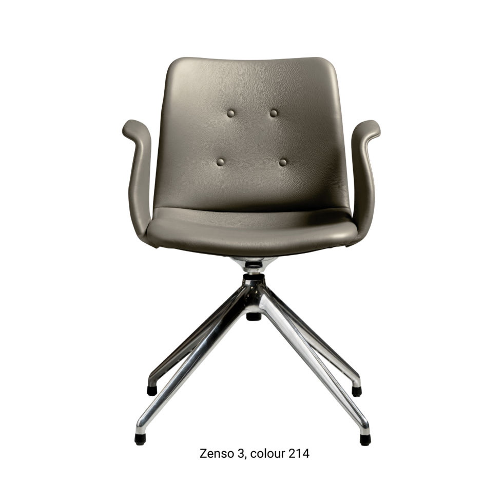 Primum Chair with grey leather upholstery, featuring a padded seat and adjustable backrest for maximum comfort during long workdays.