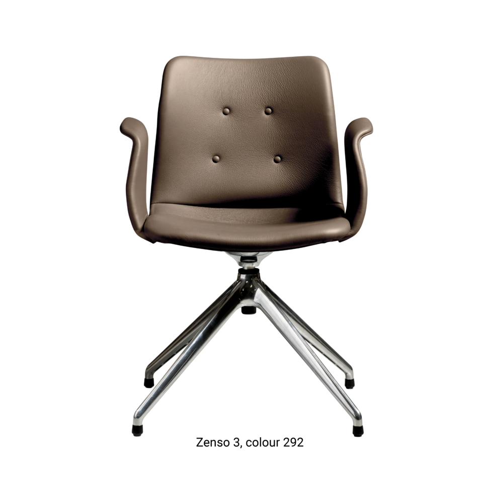 Primum Chair with brown grey leather upholstery, featuring a padded seat and adjustable backrest for maximum comfort during long workdays.