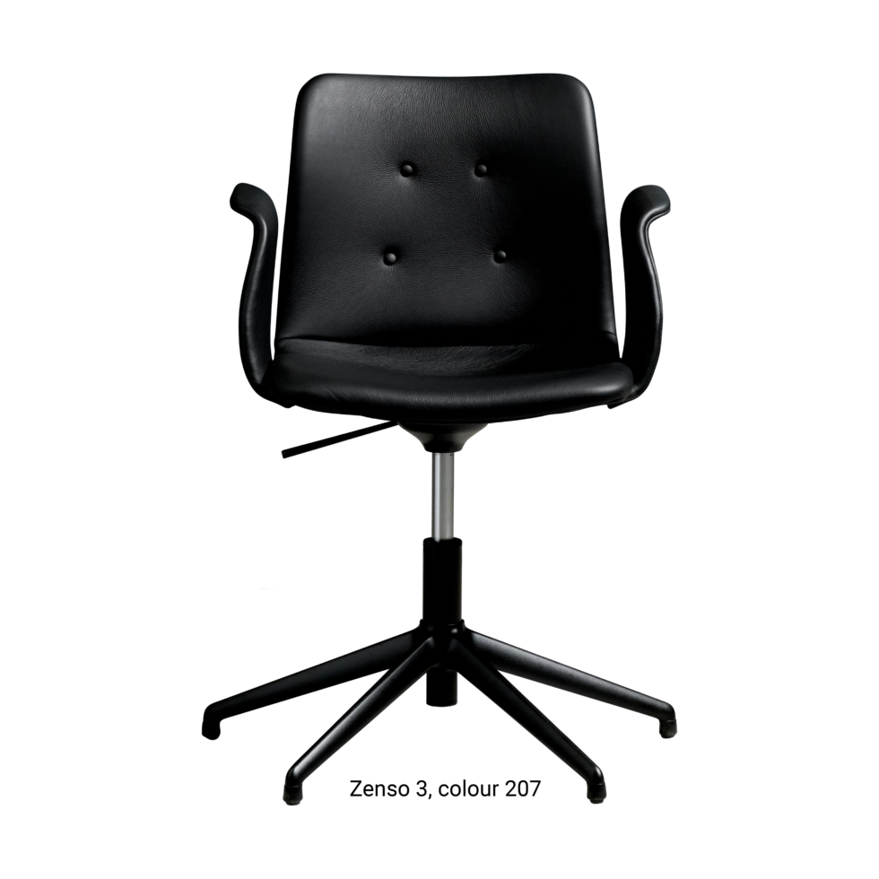 Primum Chair with black leather upholstery, featuring a padded seat and adjustable backrest for maximum comfort during long workdays.