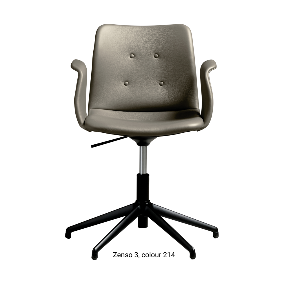 Primum Chair with grey leather upholstery, featuring a padded seat and adjustable backrest for maximum comfort during long workdays.