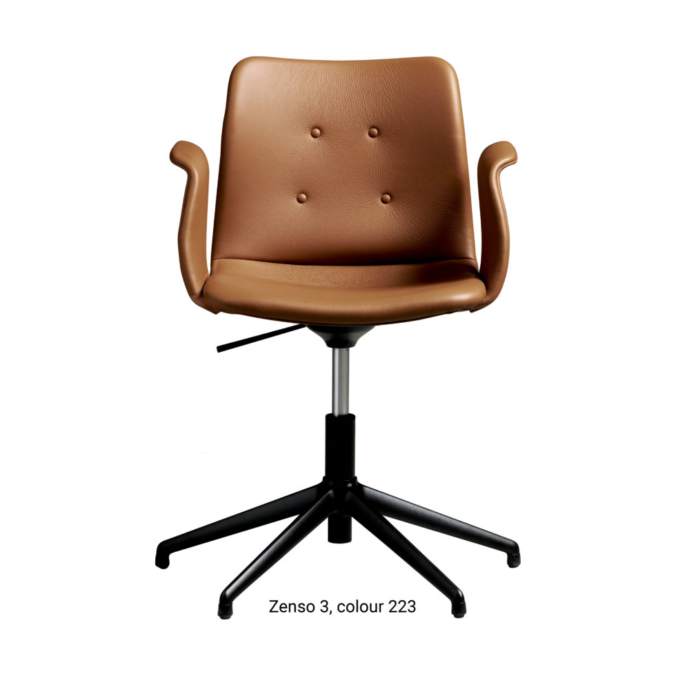 Primum Chair with cognac leather upholstery, featuring a padded seat and adjustable backrest for maximum comfort during long workdays.