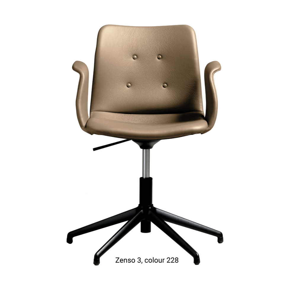 Primum Chair with grey brown leather upholstery, featuring a padded seat and adjustable backrest for maximum comfort during long workdays.