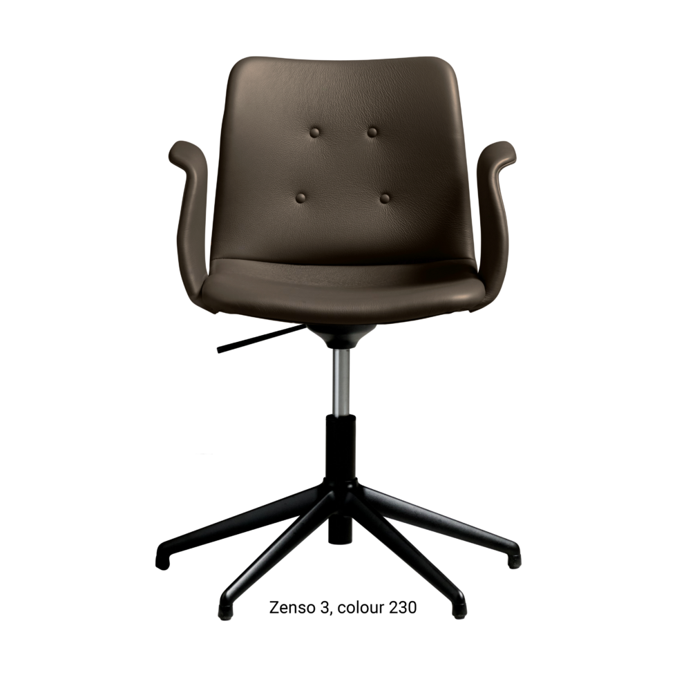 Primum Chair with dark brown leather upholstery, featuring a padded seat and adjustable backrest for maximum comfort during long workdays.