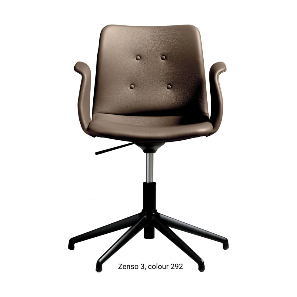 Primum Chair with brown grey leather upholstery, featuring a padded seat and adjustable backrest for maximum comfort during long workdays.