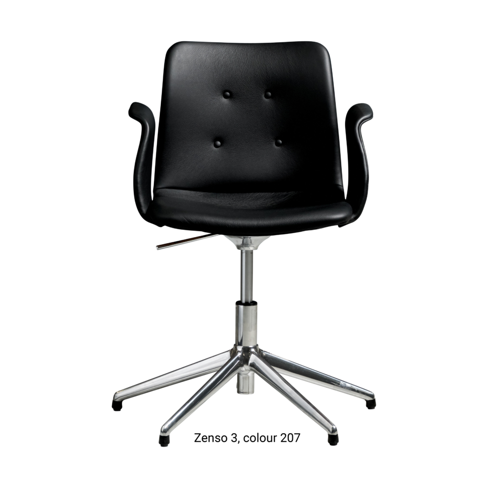 Primum Chair with black leather upholstery, featuring a padded seat and adjustable backrest for maximum comfort during long workdays.