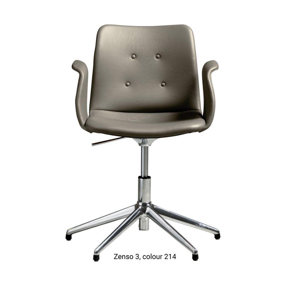 Primum Chair with grey leather upholstery, featuring a padded seat and adjustable backrest for maximum comfort during long workdays.