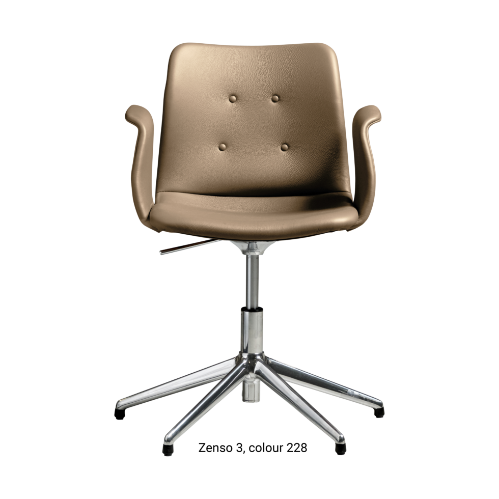 Primum Chair with grey brown leather upholstery, featuring a padded seat and adjustable backrest for maximum comfort during long workdays.