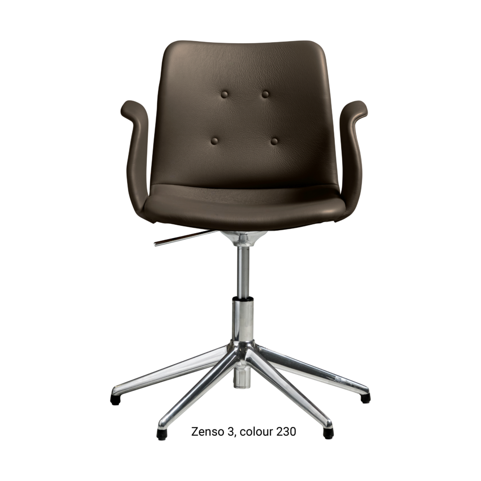 Primum Chair with dark brown leather upholstery, featuring a padded seat and adjustable backrest for maximum comfort during long workdays.