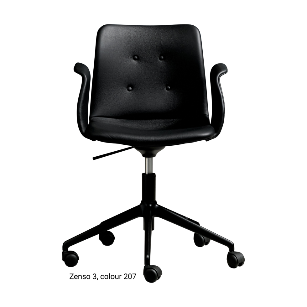 Primum Chair with black leather upholstery, featuring a padded seat and adjustable backrest for maximum comfort during long workdays.