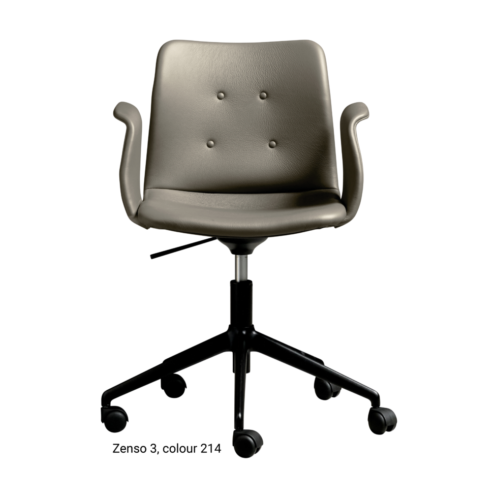 Primum Chair with grey leather upholstery, featuring a padded seat and adjustable backrest for maximum comfort during long workdays.